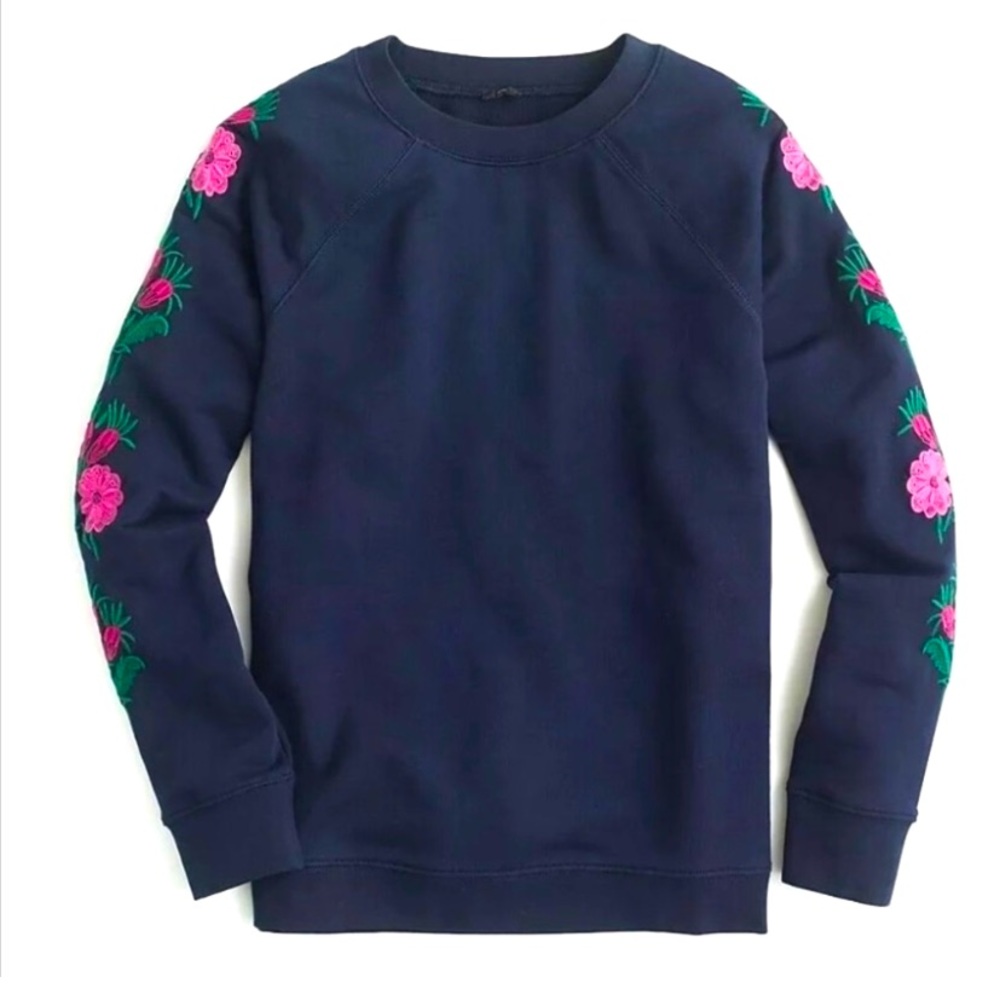 XXS 🔖 J. CREW Floral Embroidered Raglan- Sleeve Sweatshirt Navy Pink